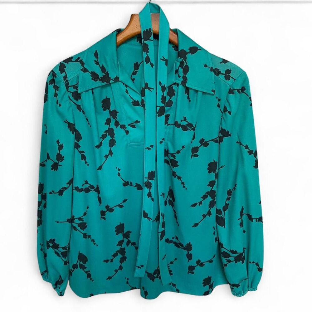 Vintage 70s Teal green Floral blouse size 14